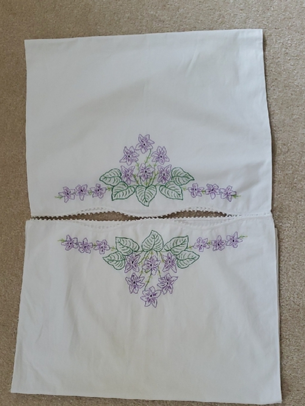 Hand-Embroidered Floral Pillowcase Set in Lilac and Green vintage..Standard Size